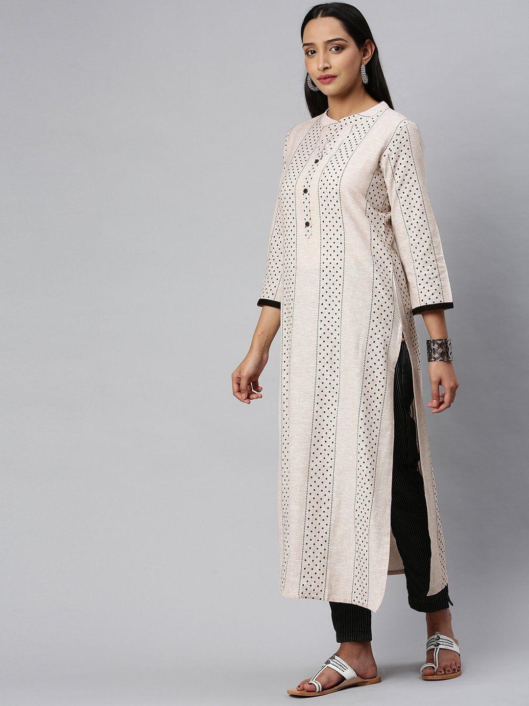 KSUT Off White And Black Polka Dot Woven Straight Kurta - Indiakreations