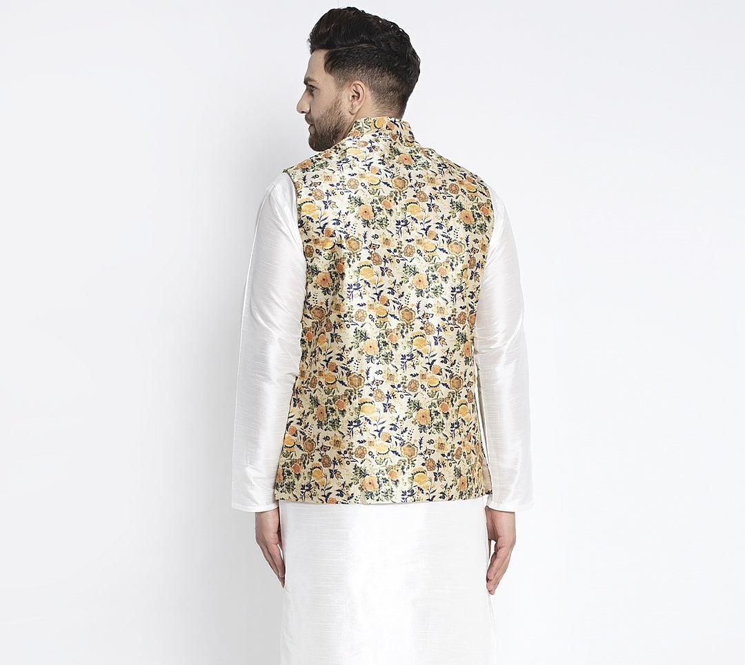 Men's Lime Green & Multi Printed Nehru Jacket - Benstoke - Indiakreations