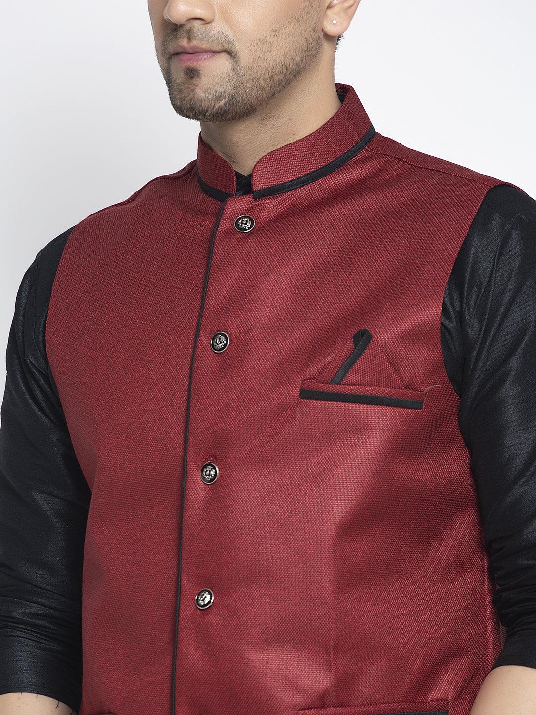 Men's Silk Blend Black Kurta With Pyjama & Maroon Nehru Jacket - Benstoke - Indiakreations