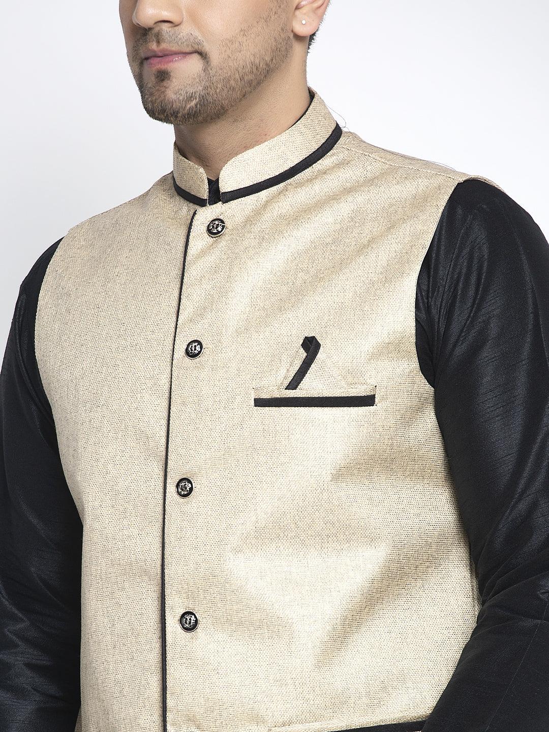 Men's Silk Blend Black Kurta With Pyjama & Beige Nehru Jacket - Benstoke - Indiakreations