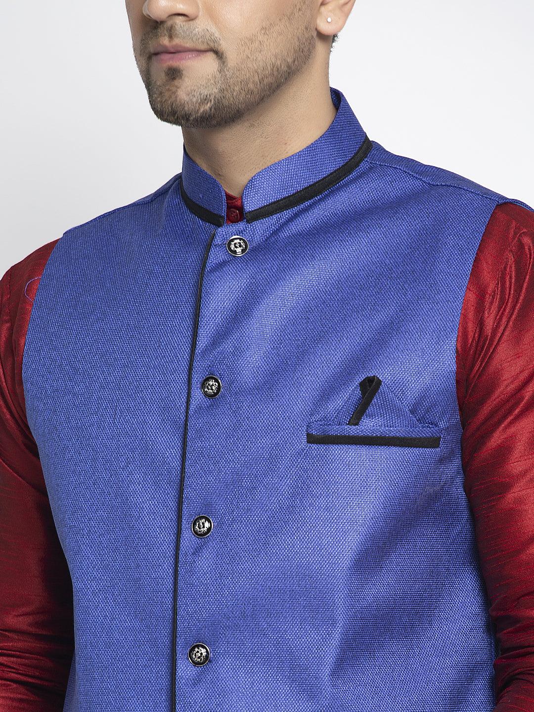 Men's Silk Blend Maroon Kurta With Pyjama & Royal Blue Nehru Jacket - Benstoke - Indiakreations