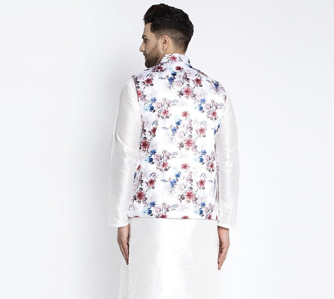 Men's White & Multi Printed Nehru Jacket - Benstoke - Indiakreations