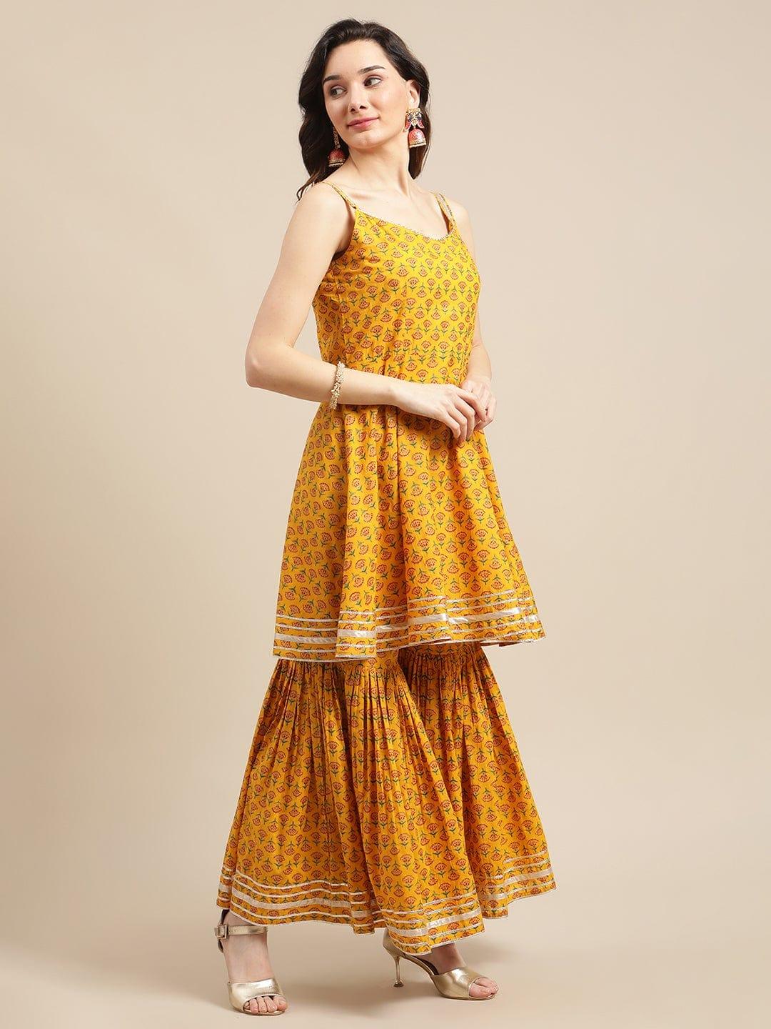 Mustard And Maroon Floral Printed Flared Strap Kurta With Sharara And Dupatta - Indiakreations