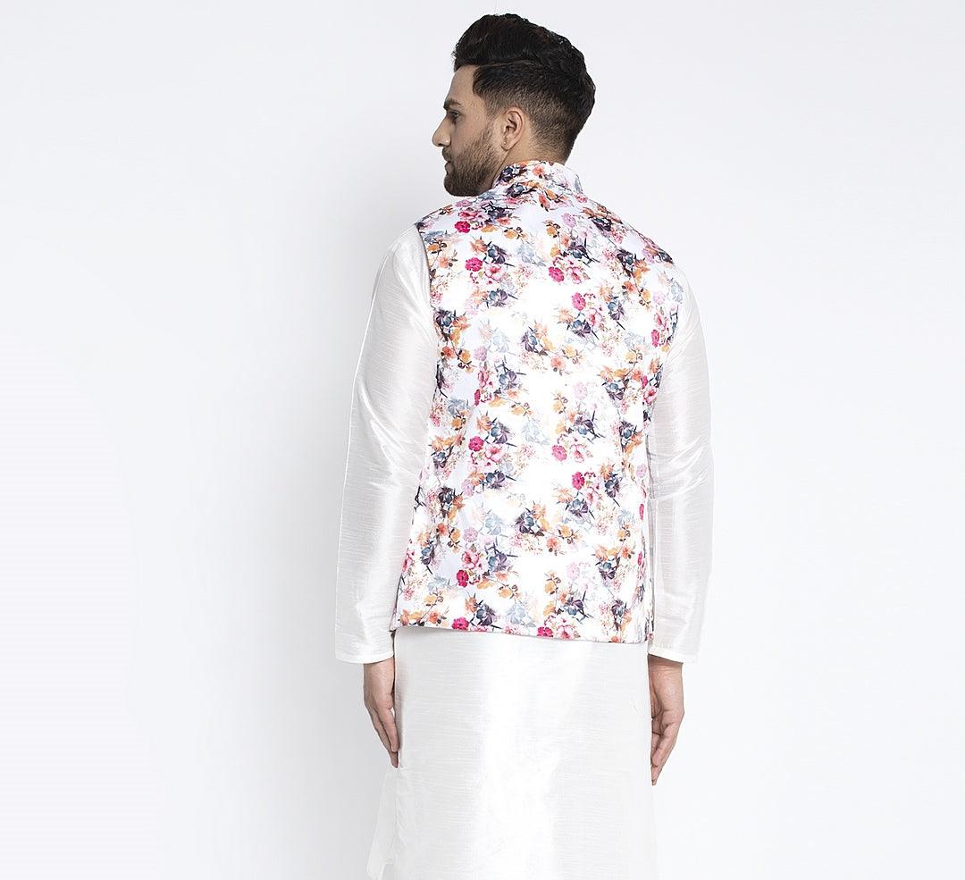 Men's White & Multi Printed Nehru Jacket - Benstoke - Indiakreations