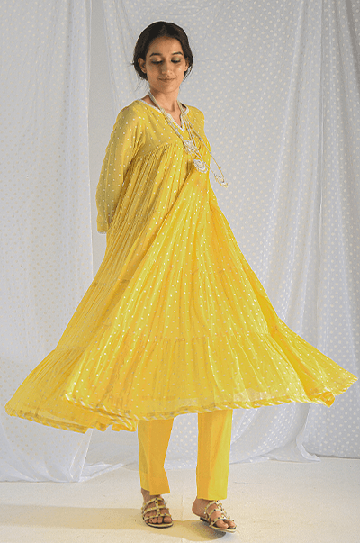 Chhaya Yellow Dot Printed Anarkali with Pant - Set 2 - Indiakreations