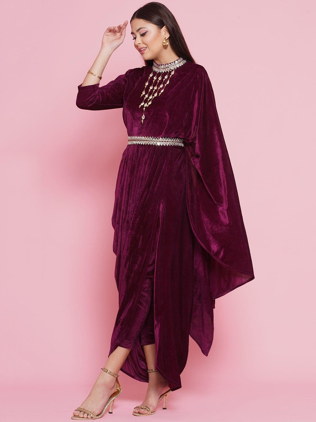 Women's Burgundy Velvet Kurta With Attached Neckalace,Belt And Pant - Women Republic - Indiakreations