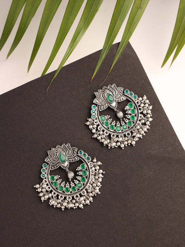 Women's Green & Silver-Toned Lotus Shaped Chandbalis Earrings - Jazz and Sizzle