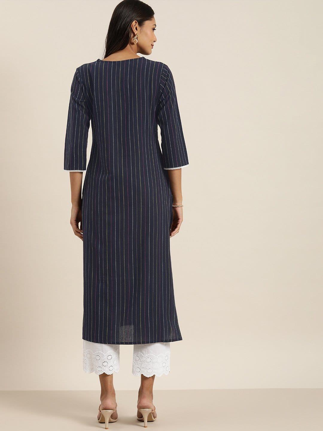 KSUT Blue And Multi Color Woven Kurta With Lace Embellishment On Sleeves - Indiakreations