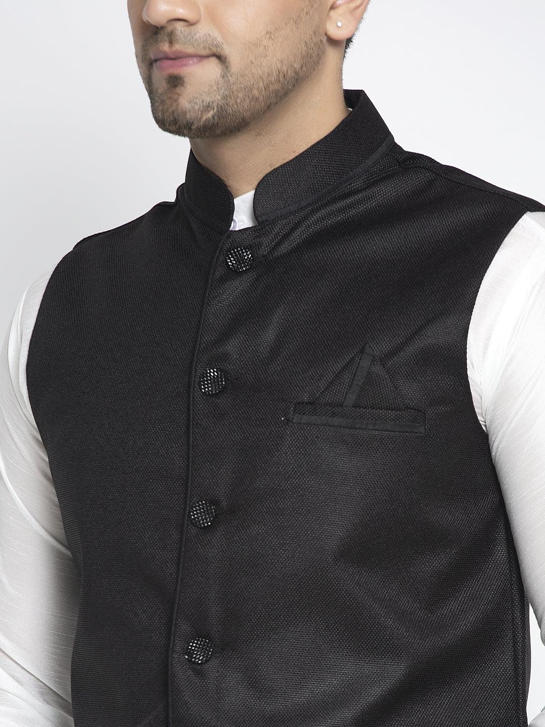 Men's Silk Blend White Kurta With Pyjama & Black Nehru Jacket - Benstoke - Indiakreations