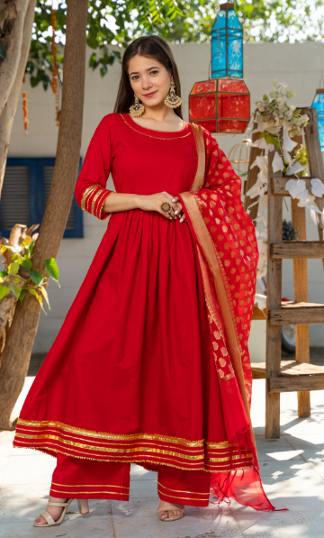 Women's Royal Red Kurta Set with Chanderi Dupatta