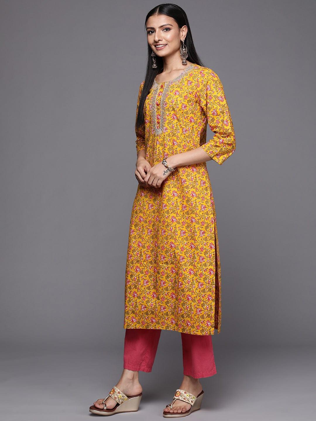 Varanga Women Mustard Yellow & Green Ethnic Motifs Printed Gotta Patti Indie Prints Kurta - Indiakreations