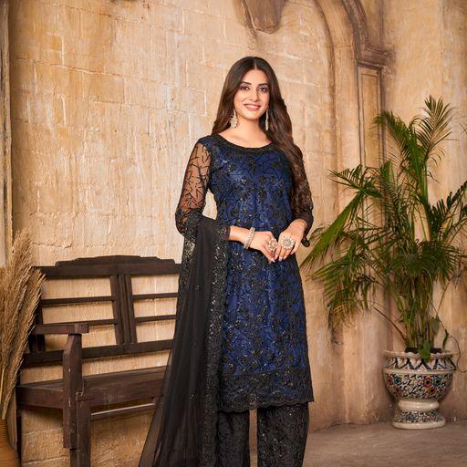 Designer Cord Net Salwar Suit In Blue - Indiakreations