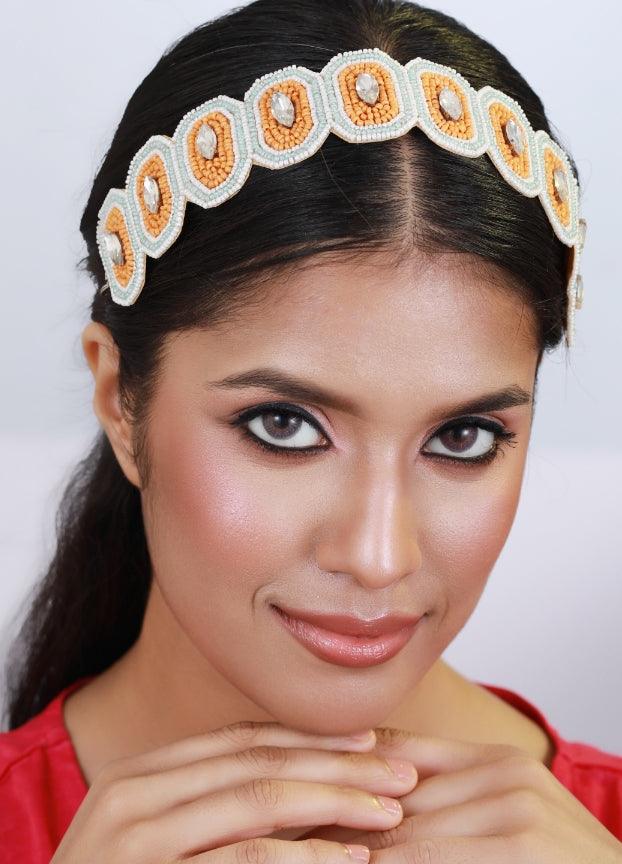 Women's Orange& Blue Coloured,Silver-Toned Beaded & Crystal Sequinned Headband - Jazz And Sizzle - Indiakreations