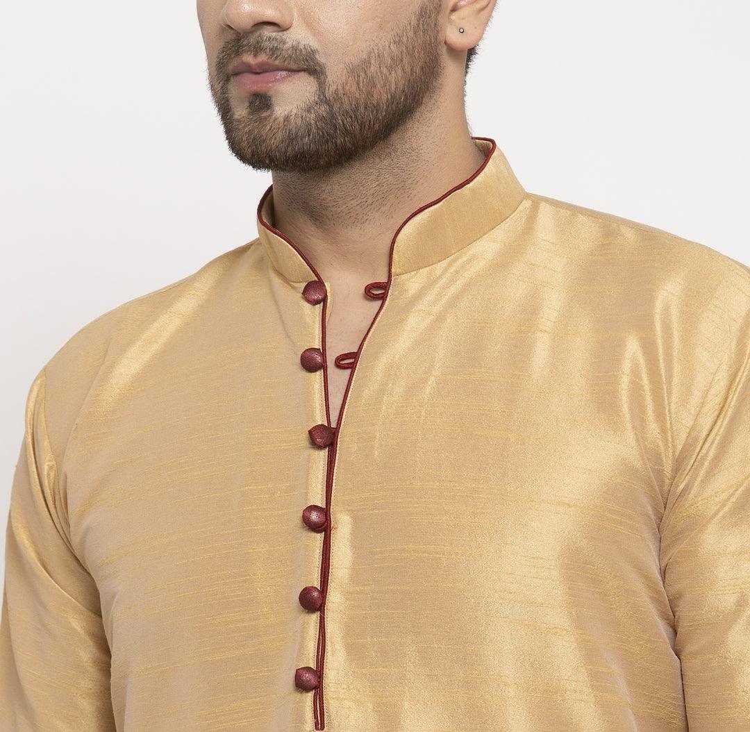 Men's Silk Blend Gold Straight Long Kurta - Benstoke - Indiakreations