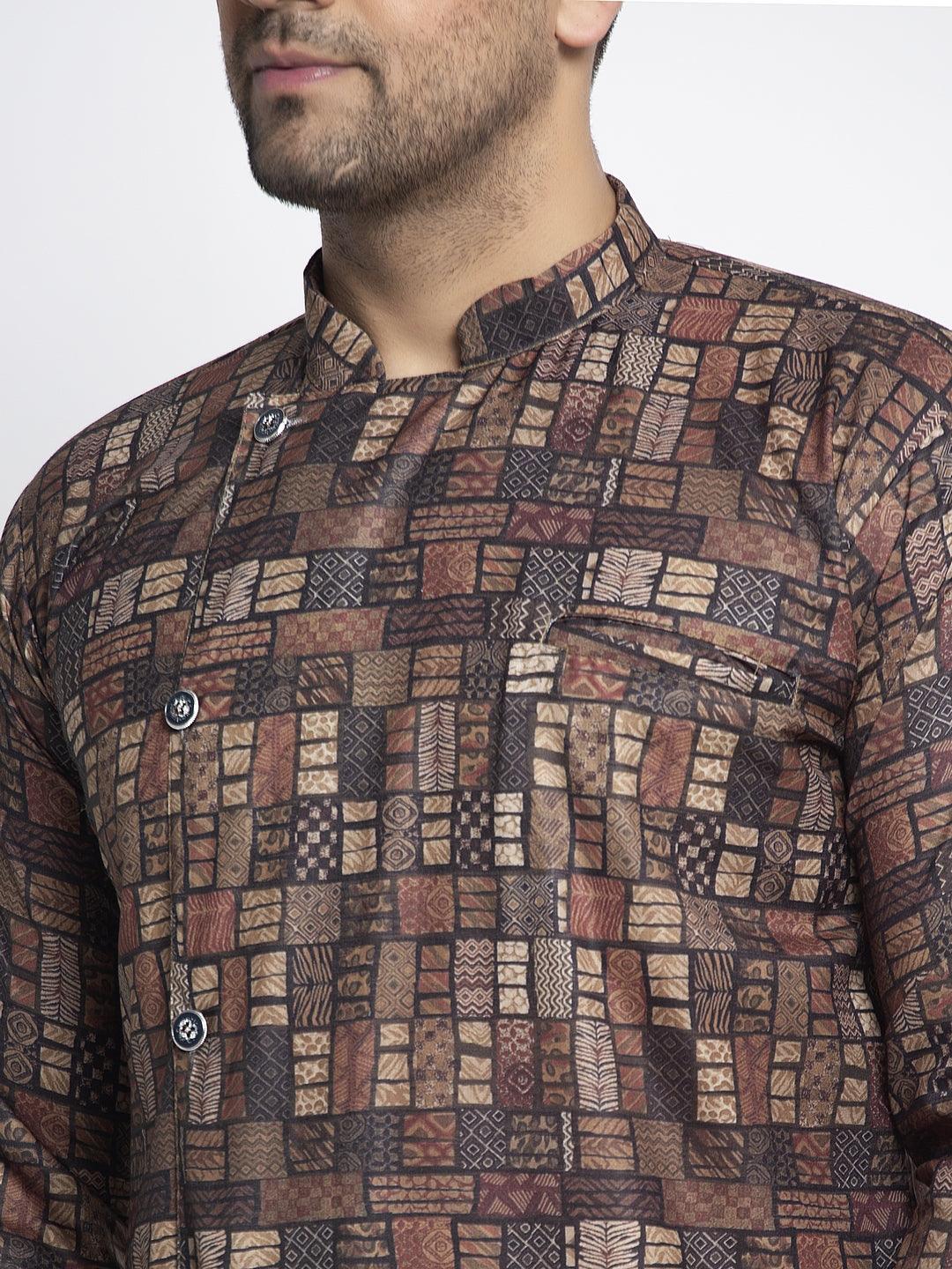 Men's Dark Brown & Multicolor Asymmetric Printed Short Kurta - Benstoke - Indiakreations