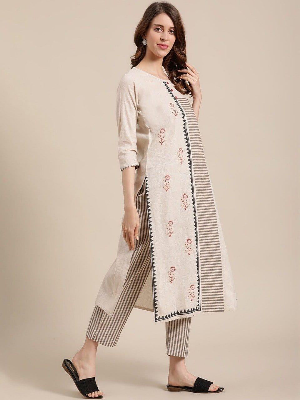 KSUT Women Beige Printed Regular Straight Kurta with Trousers - Indiakreations