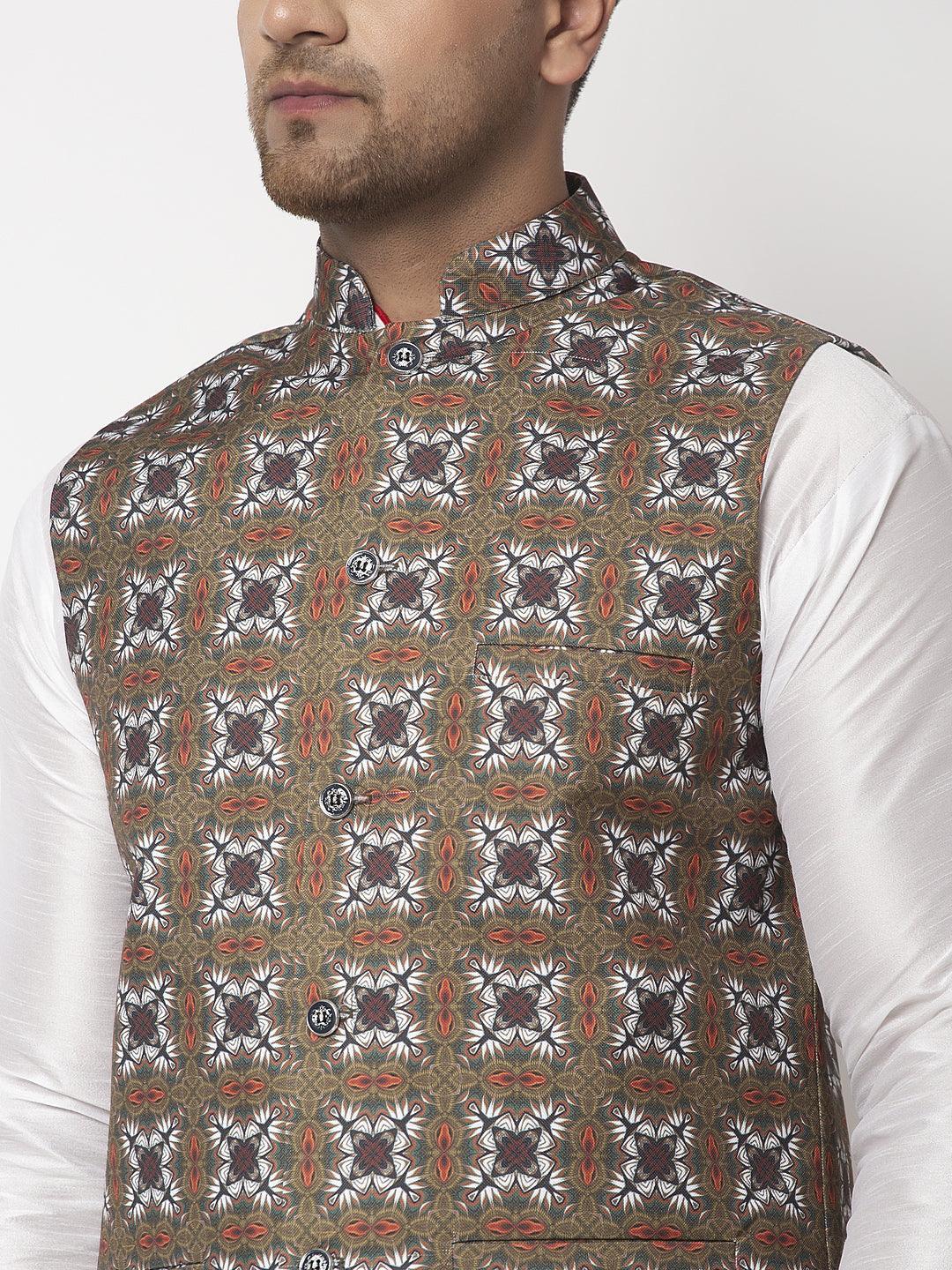 Men's Olive Green & White Printed Nehru Jacket - Benstoke - Indiakreations