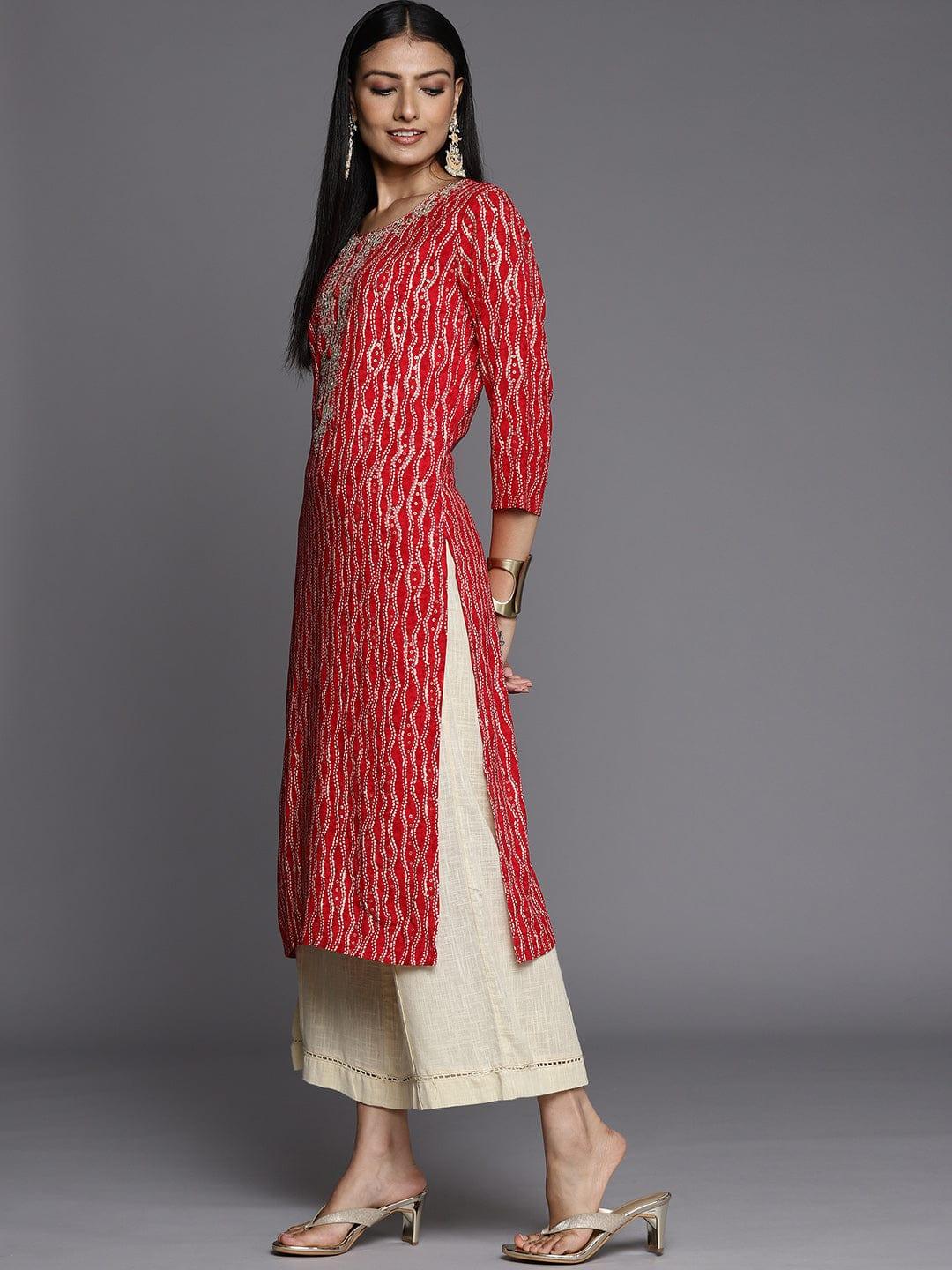 Varanga Women Red & Gold-Toned Bandhani Printed Gotta Patti Kurta - Indiakreations