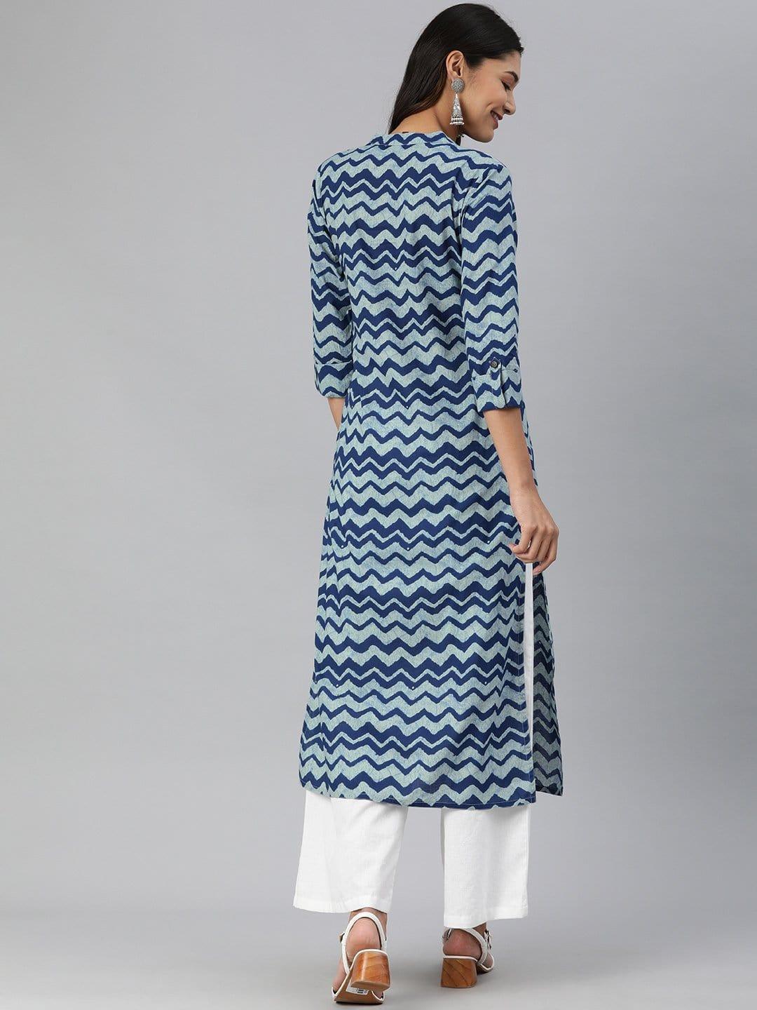 KSUT Indigo Chevron Printed Straight Kurta - Indiakreations