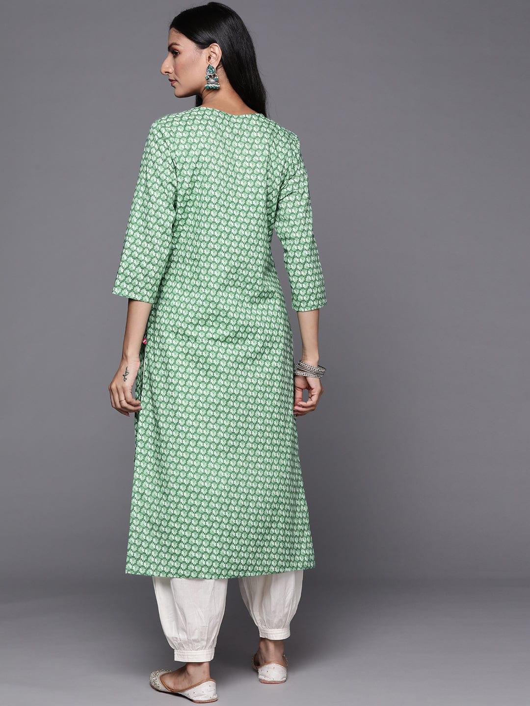 Varanga Women Green Floral Printed Thread Work Floral Kurta - Indiakreations