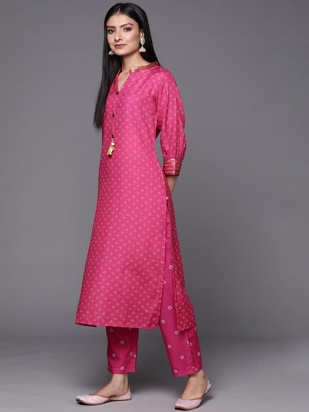 Varanga Women Pink Bandhani Printed Sequinned Kurta with Trousers - Indiakreations