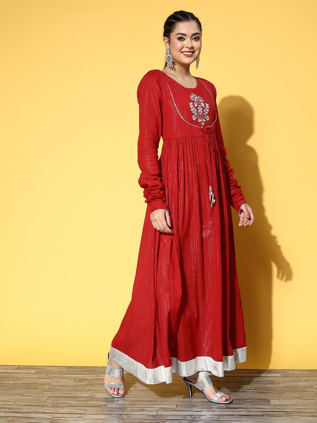 Varanga Women Red & Silver-Toned Embroidered Quirky Kurta - Indiakreations