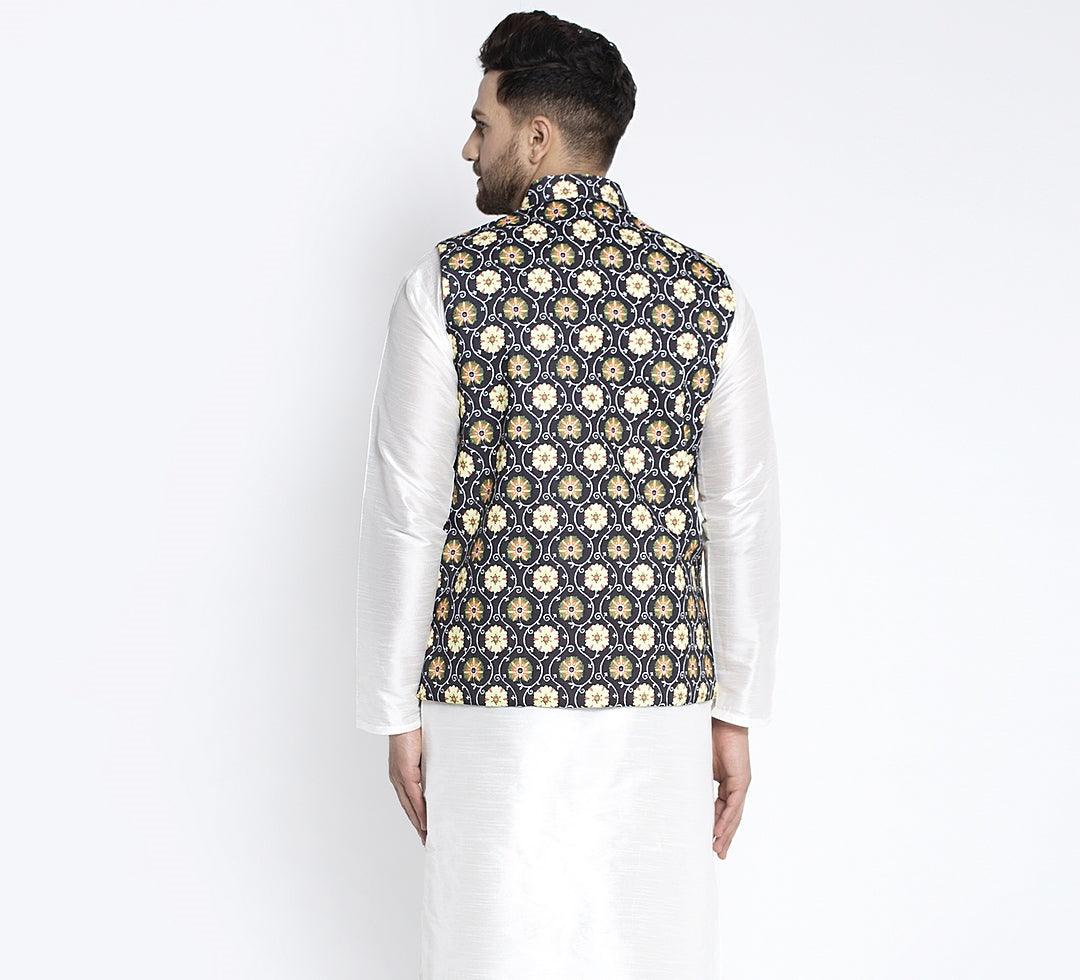 Men's Black & Yellow Printed Nehru Jacket - Benstoke - Indiakreations