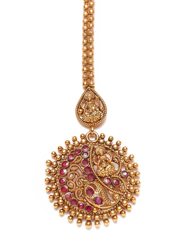 Women's Gold-Plated Maroon Studded & Beaded Handcrafted Maangtikka - Jazz and Sizzle