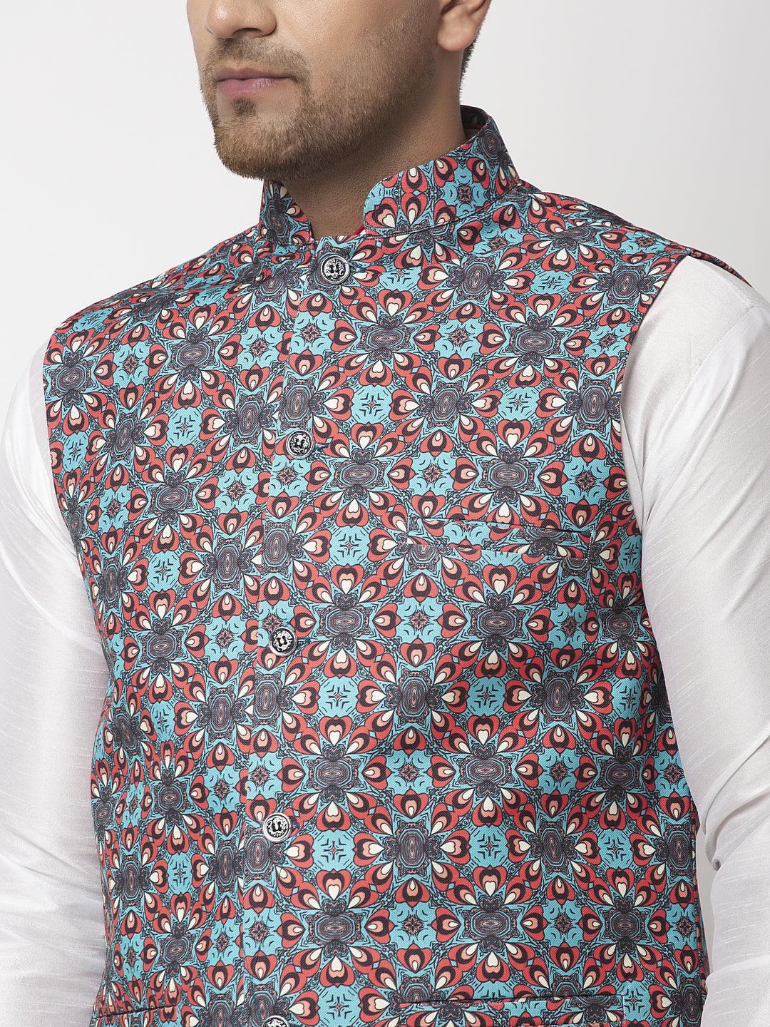 Men's Sky Blue & Black Printed Nehru Jacket - Benstoke - Indiakreations