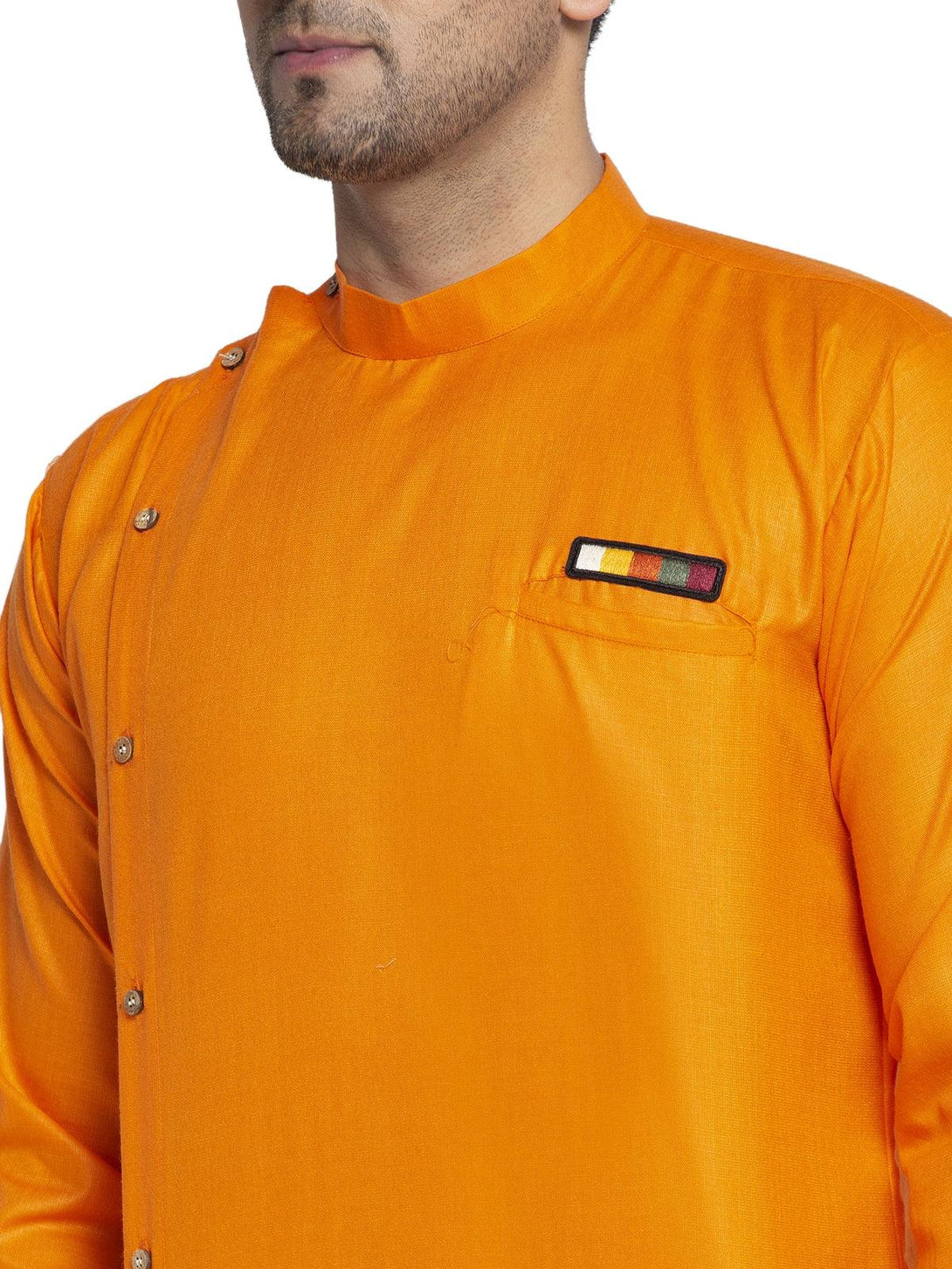 Men's Cotton Orange Asymmetric Solid Kurta With White Trousers - Benstoke - Indiakreations