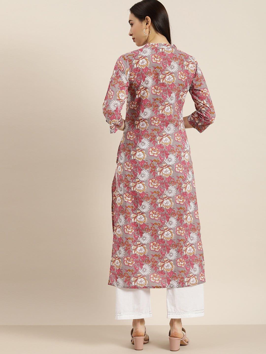 KSUT Grey And Pink Kalamkari Printed Kurta With Roll Up Sleeves - Indiakreations