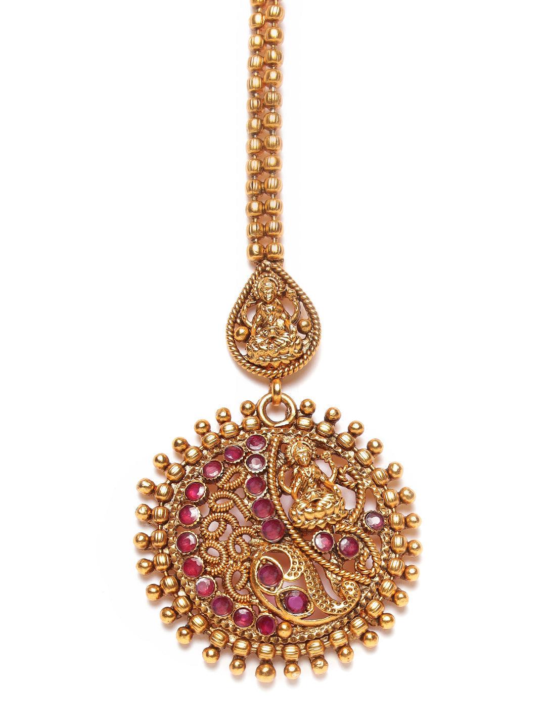 Women's Gold-Plated Maroon Studded & Beaded Handcrafted Maangtikka - Jazz and Sizzle - Indiakreations