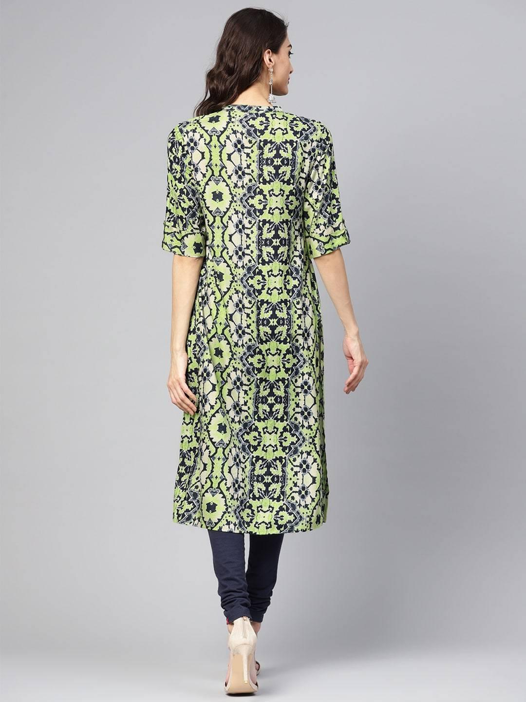 Women's Green & Navy Printed Straight Kurta - Meeranshi - Indiakreations