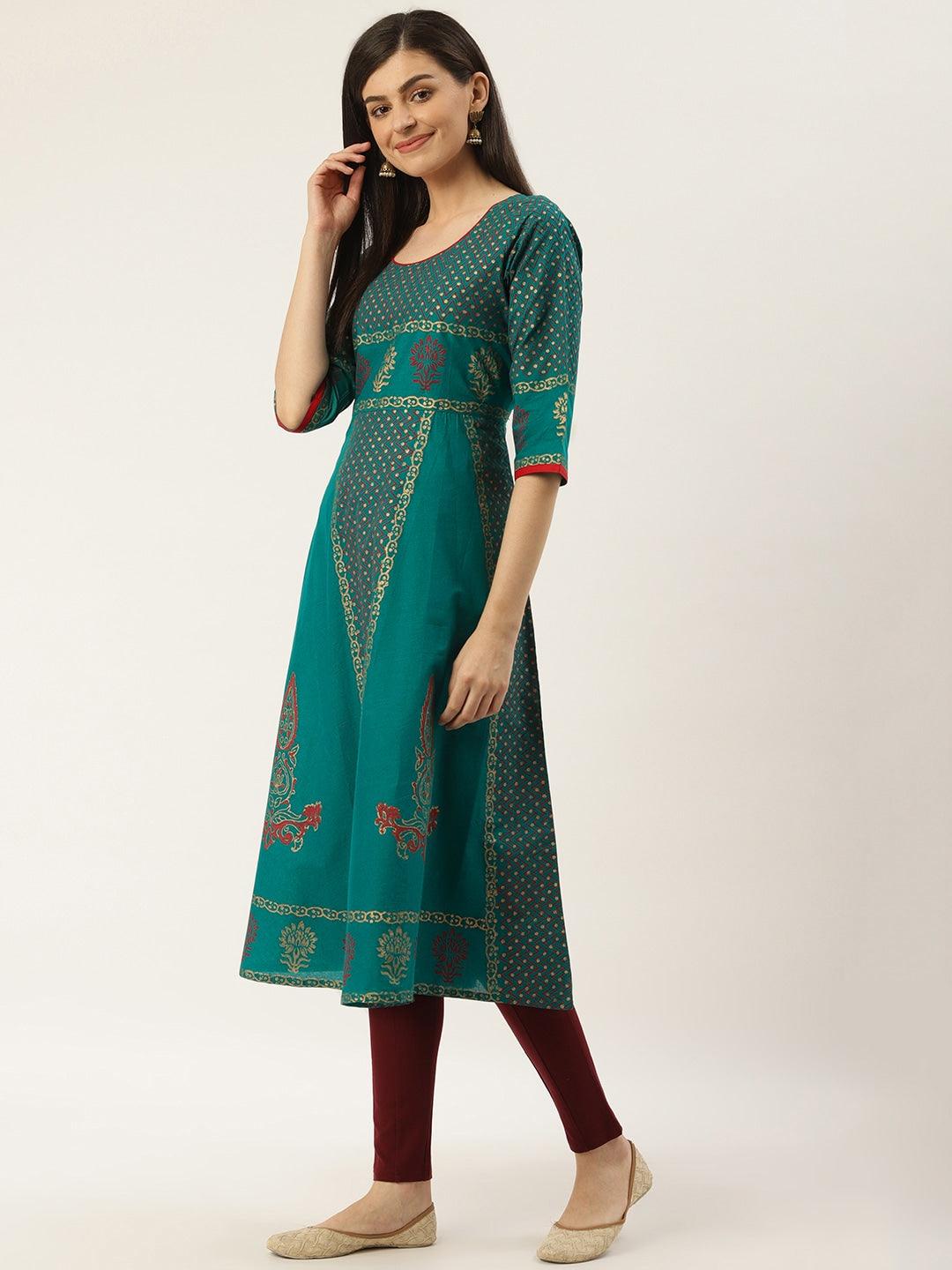 Women's Green Printed Anarkali Kurta - Noz2Toz - Indiakreations