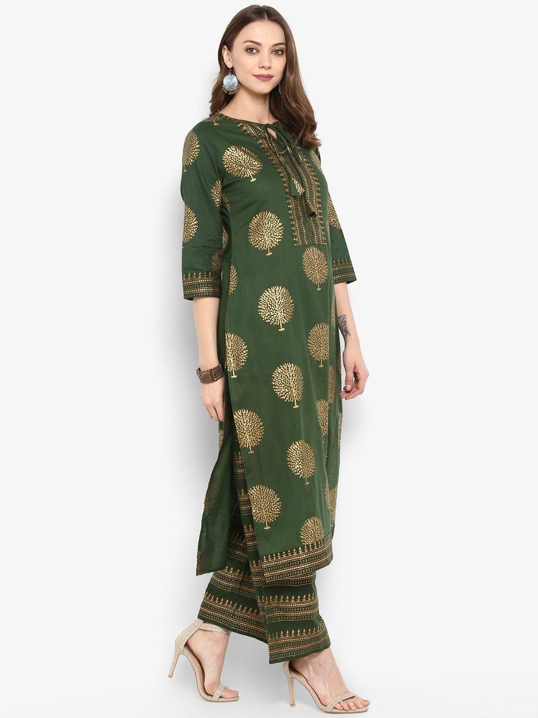 Women's Olive Green Printed Kurta with Palazzos - Meeranshi - Indiakreations