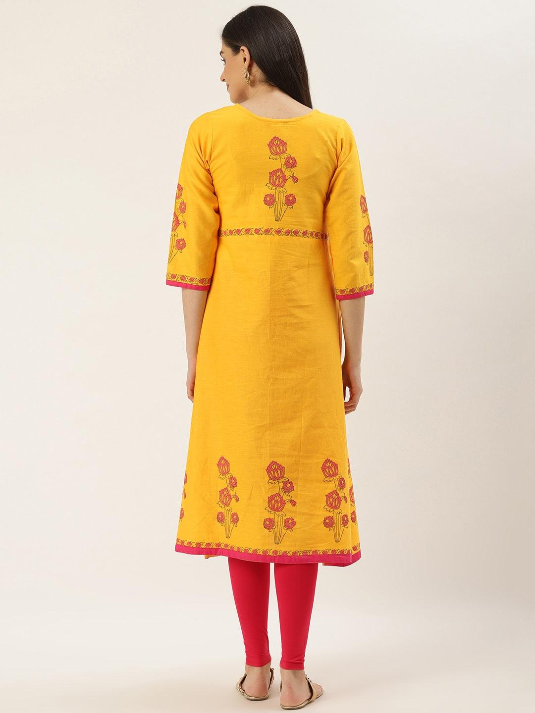 Women's Mustard Yellow & Pink Yoke Design A-Line Kurta - Noz2Toz - Indiakreations