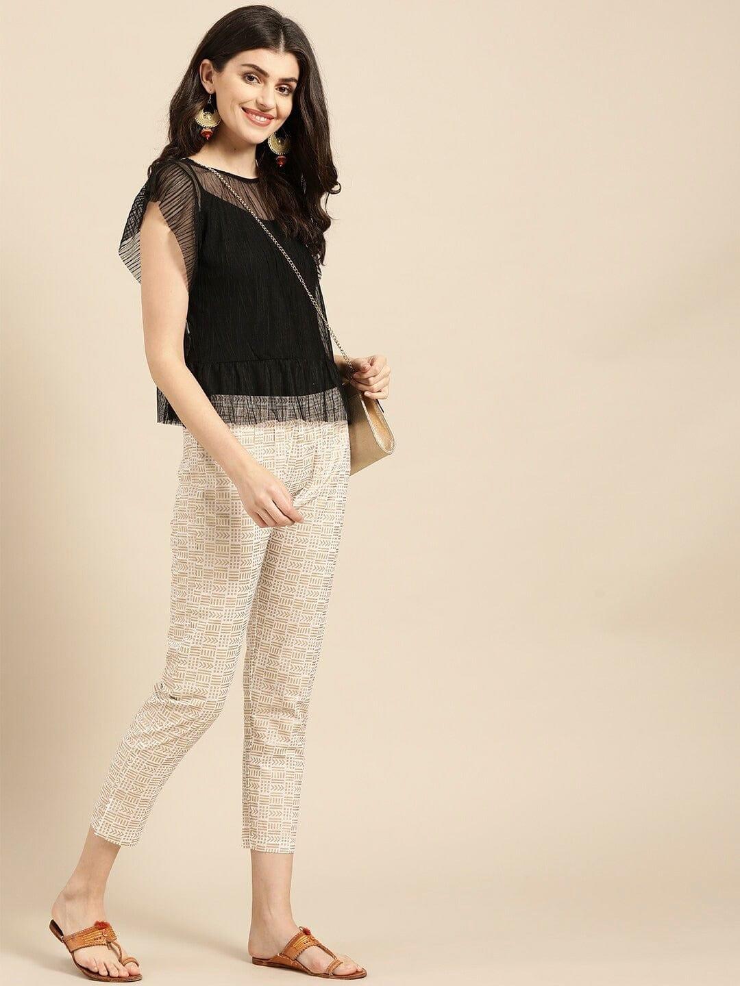 Off White & Gold-Toned Printed Regular Trousers - Indiakreations