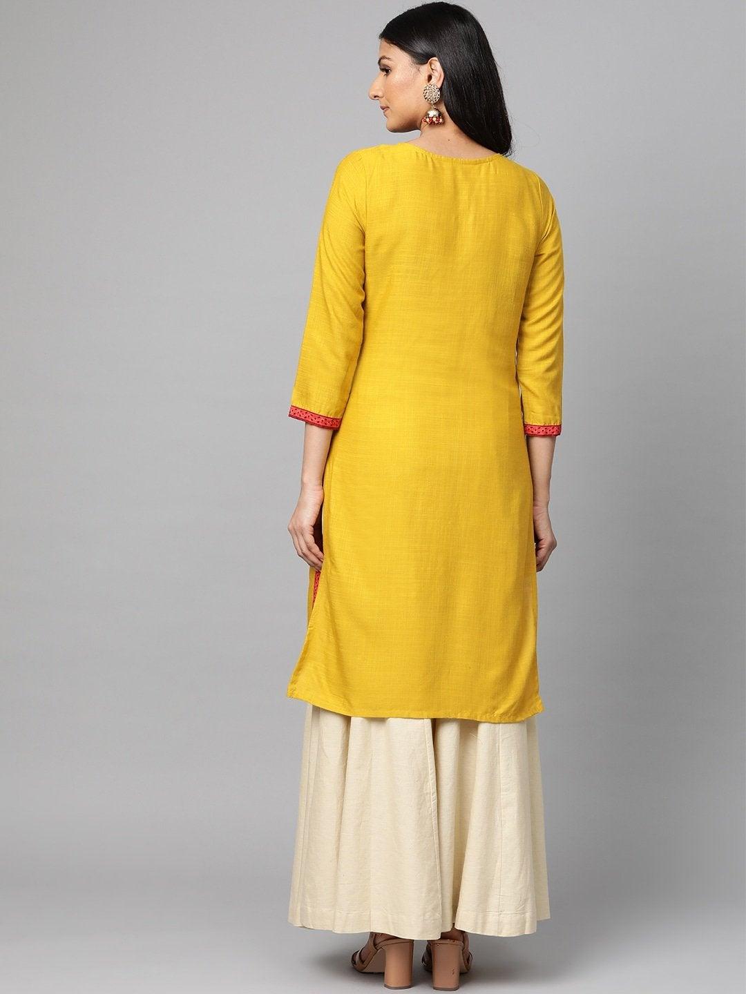 Women's Mustard Yellow & Pink Yoke Design Straight Kurta - Meeranshi - Indiakreations