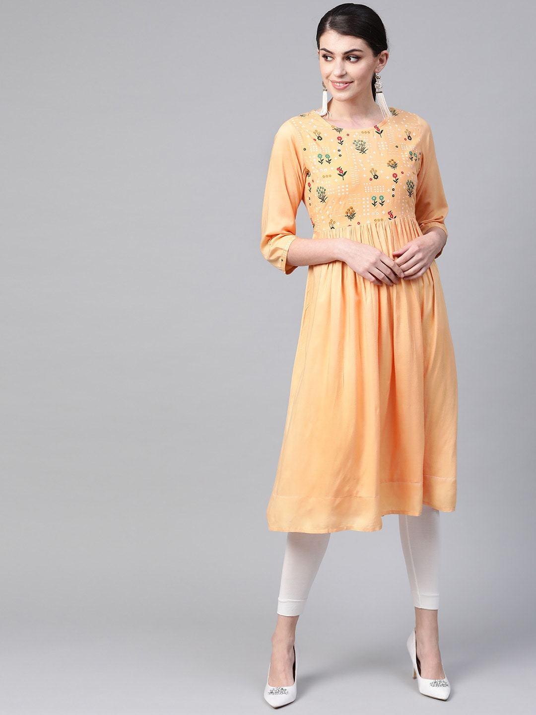 Women's Beige & White Yoke Desigh A-Line Kurta - Meeranshi - Indiakreations