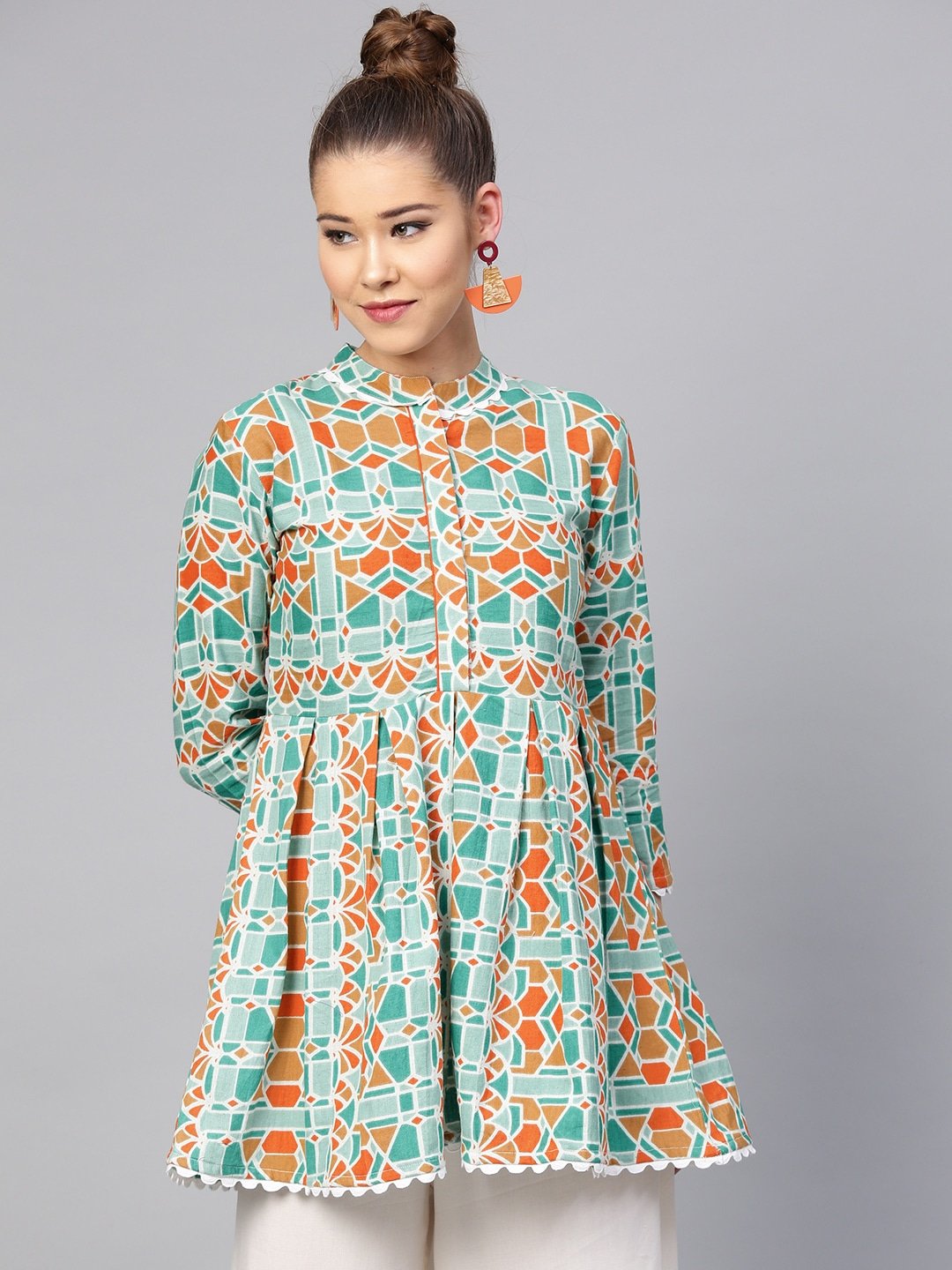 Women's Green & Orange Printed Tunic - Yufta