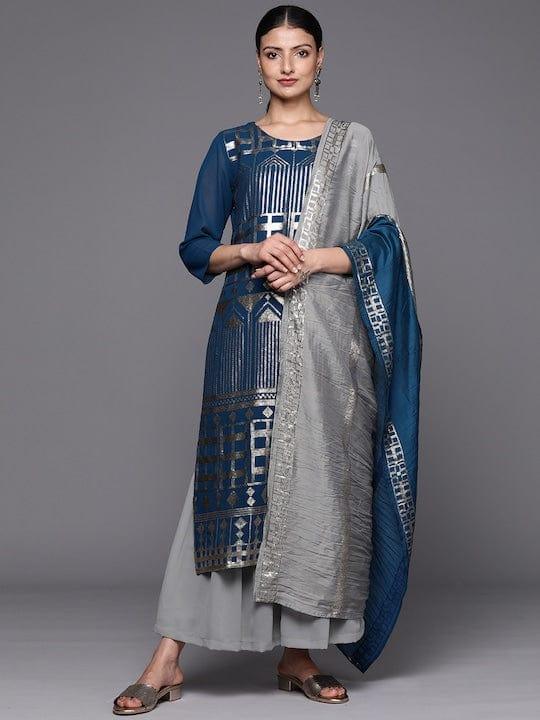 Varanga Women Grey Embroidered Sequinned Silk Georgette Kurta with Sharara & With Dupatta - Indiakreations