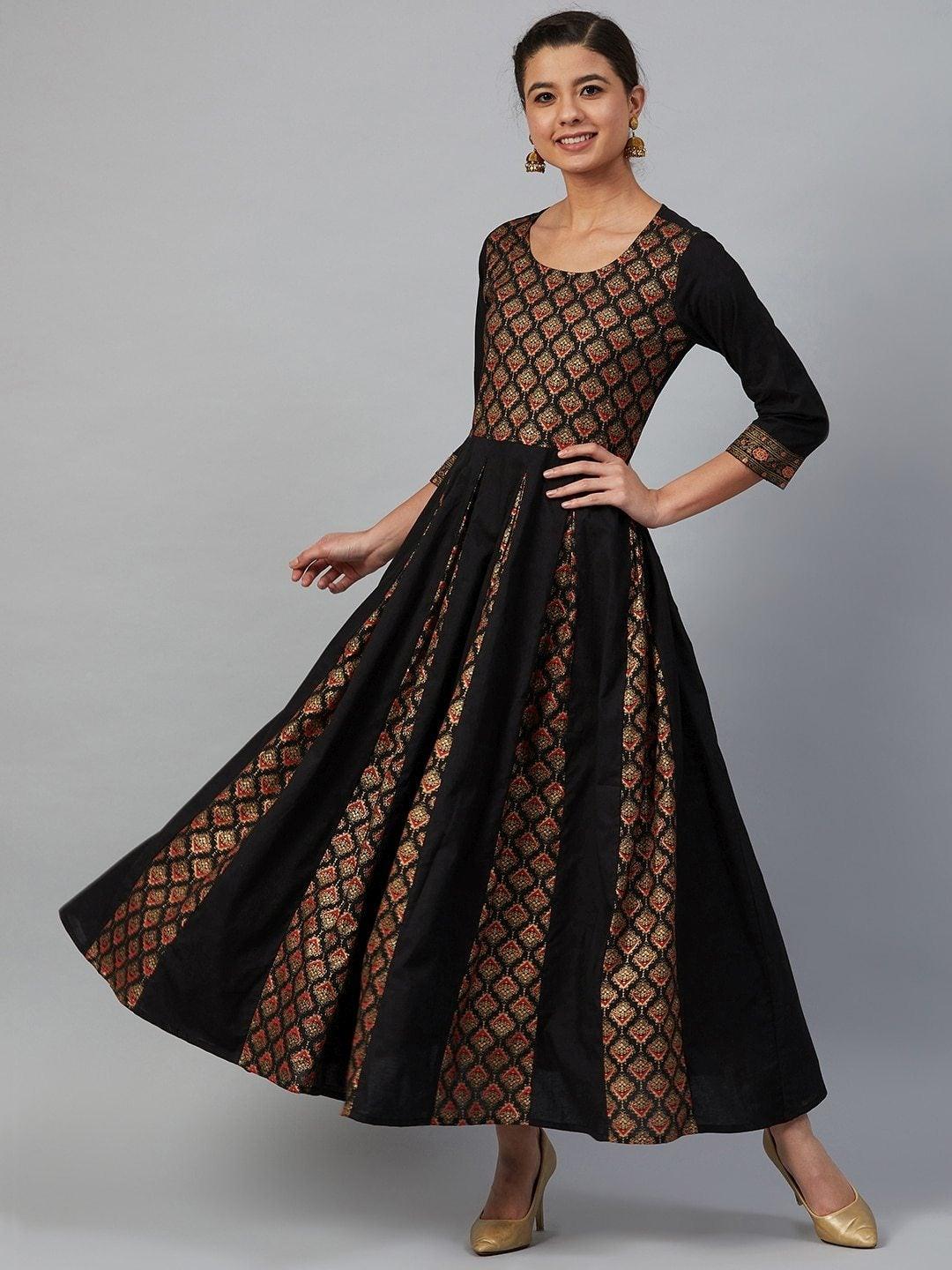 Women's Black & Golden Printed Anarkali Kurta - Meeranshi - Indiakreations