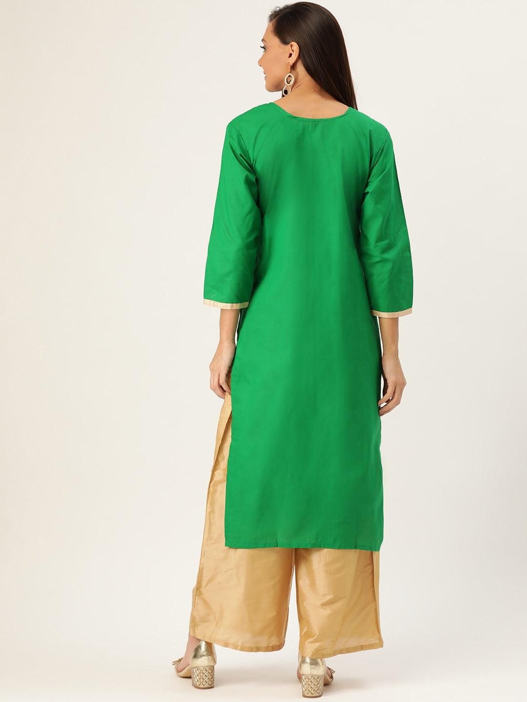 Women's Green & Golden Embroidered Straight Kurta - Noz2Toz - Indiakreations