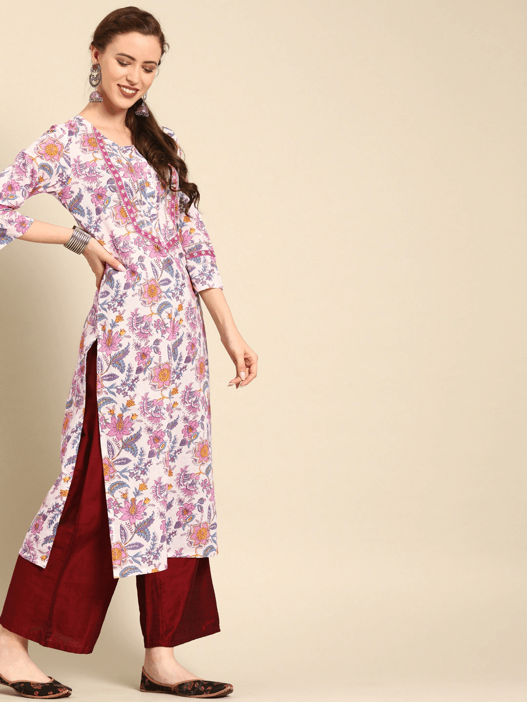 White & Pink Screen Technique Printed Straight Kurta With Gotta Patti Detail - Indiakreations