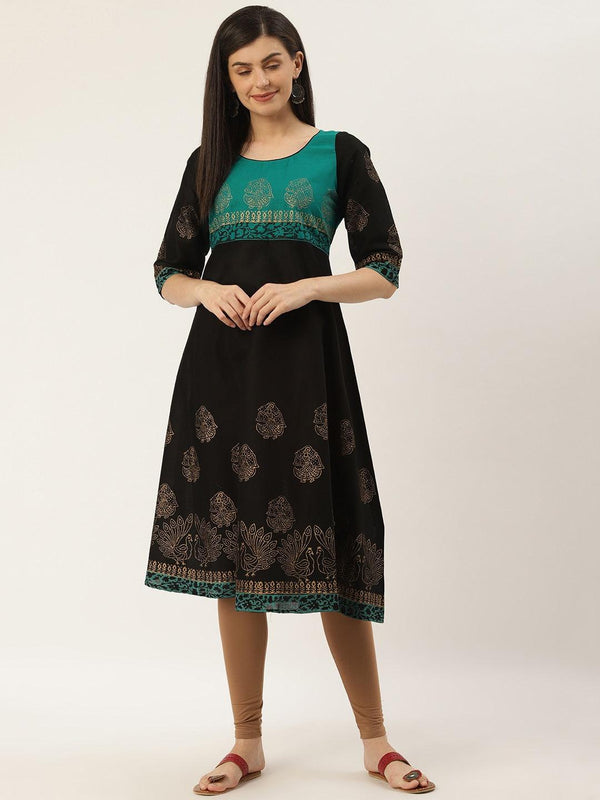 Women's Black & Golden Block Print A-Line Kurta - Noz2Toz - Indiakreations