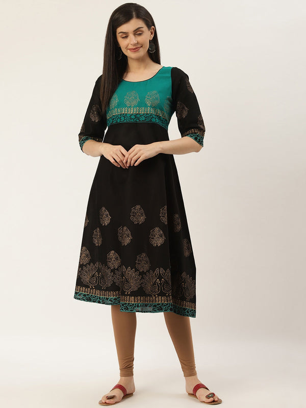 Women's Black & Golden Block Print A-Line Kurta - Noz2Toz