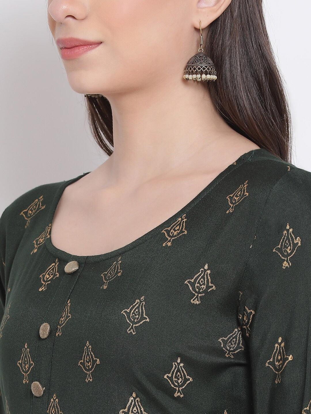 Women's Green & Dark Charcoal Ethnic Motifs Printed Anarkali Kurta - Noz2Toz - Indiakreations