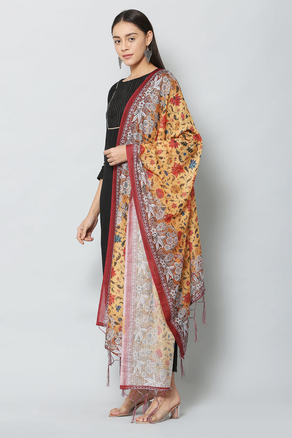 Women's Orange & Yellow Art Muslin Digital Printed Dupatta - VAABA