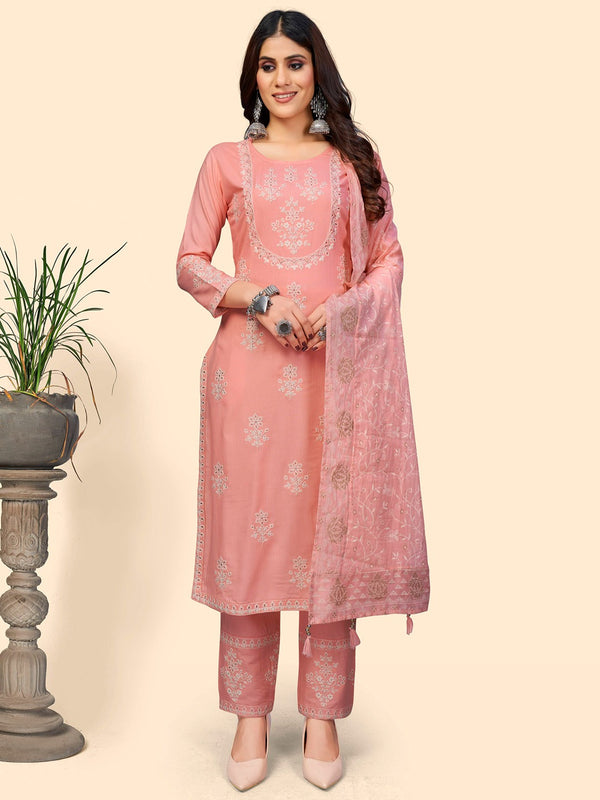 Women's Embroidered Straight Rayon Light Pink Stitched Kurta Pant With Dupatta - Vbuyz