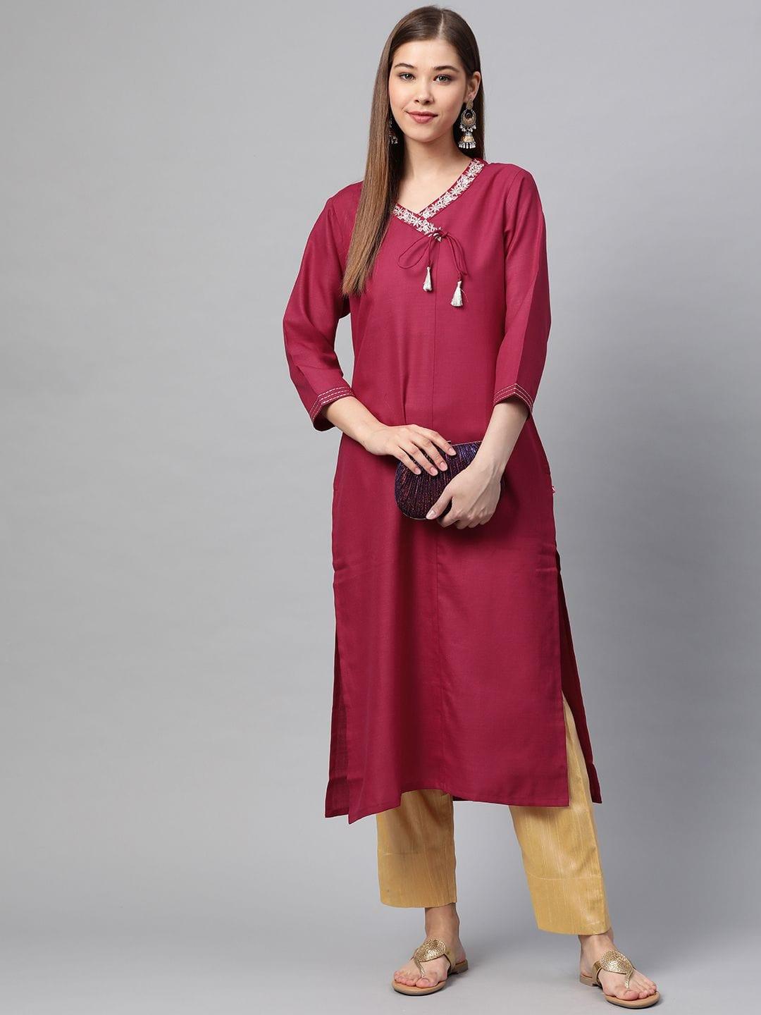 Women Magenta Embroidered Straight Kurta - Indiakreations